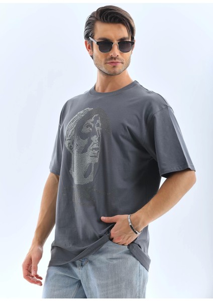 Oversize Taşlı Bisiklet Yaka T-Shirt - Füme indirimleri