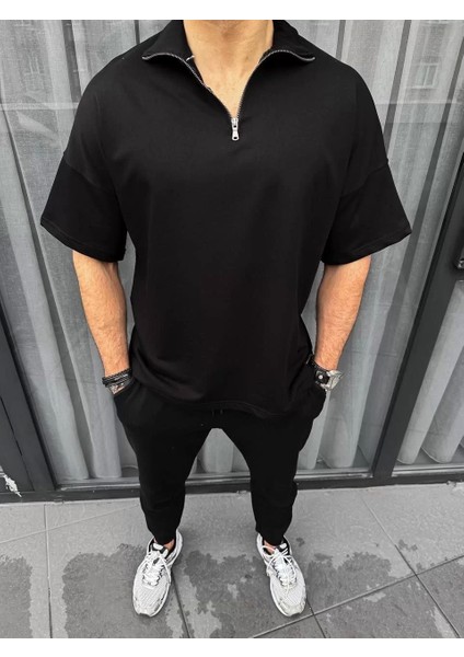 Yarım Fermuarlı Basic T-Shirt - Siyah