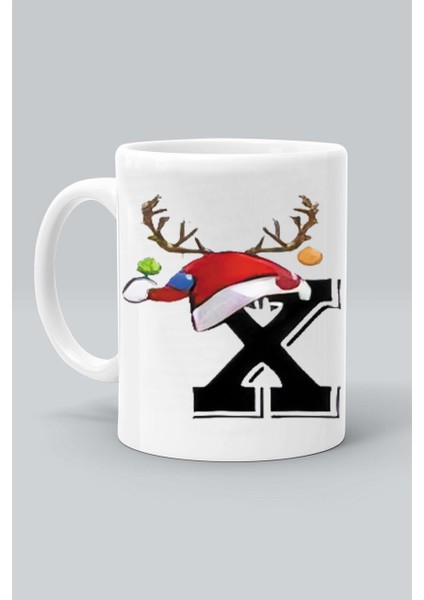 x Geyik Harf Noel Yılbaşı Yeni Yıl Tasarım Baskılı Beyaz Klasik Kupa Bardak