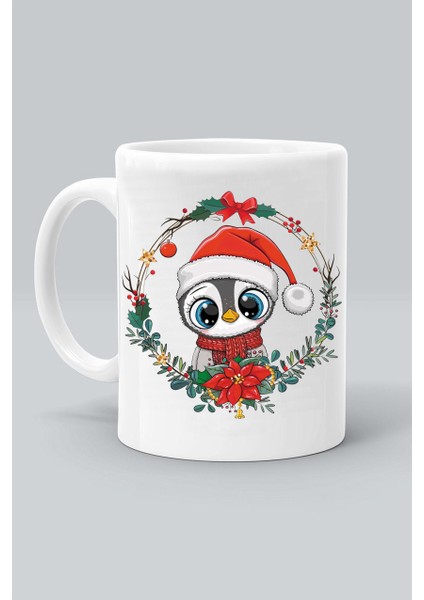 Sevimli Penguen Noel Yılbaşı Yeni Yıl Tasarım Baskılı Beyaz Klasik Kupa Bardak