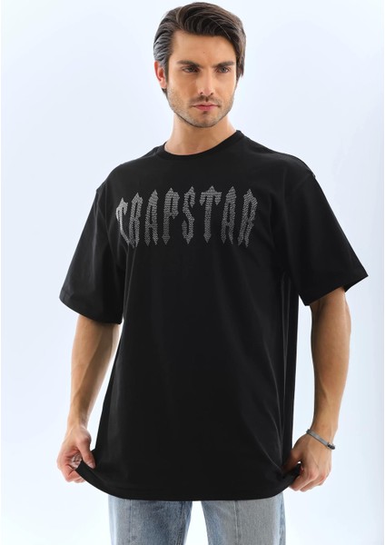 Oversize Taşlı Bisiklet Yaka T-Shirt - Siyah