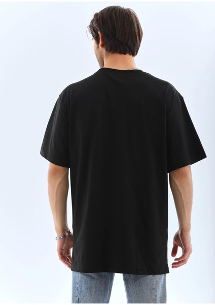 Oversize Taşlı Bisiklet Yaka T-Shirt - Siyah