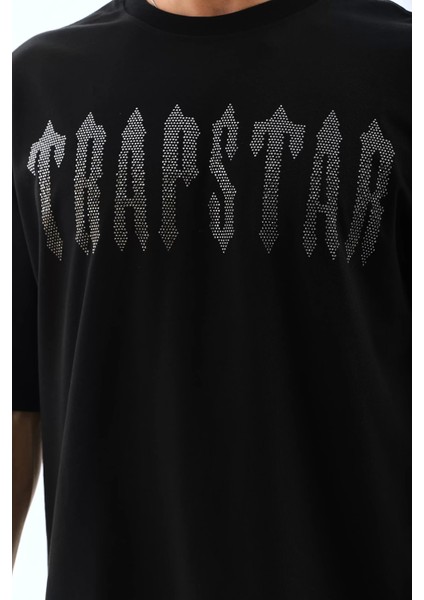 Oversize Taşlı Bisiklet Yaka T-Shirt - Siyah