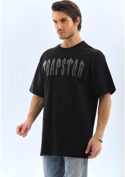 Oversize Taşlı Bisiklet Yaka T-Shirt - Siyah