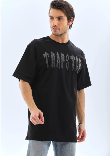 Oversize Taşlı Bisiklet Yaka T-Shirt - Siyah
