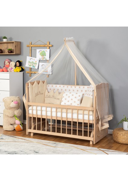 Ahşap Organik Beşik Anne Yanı Beşik 3 Kademeli Lüx Bebek Beşiği 60 x 120 cm - Krem Prenses Uyku Setli & Soft Yataklı