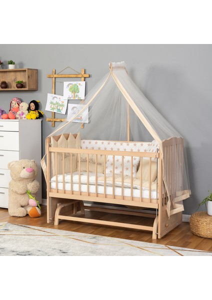 Ahşap Organik Beşik Anne Yanı Beşik 3 Kademeli Lüx Bebek Beşiği 60 x 120 cm - Krem Prenses Uyku Setli & Soft Yataklı