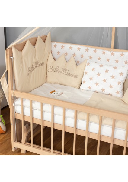 Ahşap Organik Beşik Anne Yanı Beşik 3 Kademeli Lüx Bebek Beşiği 60 x 120 cm - Krem Prenses Uyku Setli & Soft Yataklı