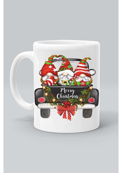 Siyah Kamyonet Cücler Noel Yılbaşı Yeni Yıl Tasarım Baskılı Beyaz Klasik Kupa Bardak