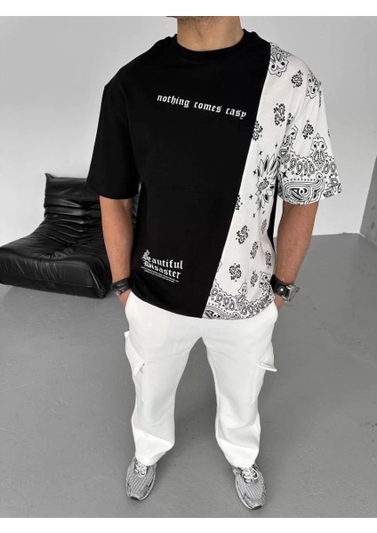 Parçalı ve Baskılı Oversize T-Shirt - Siyah