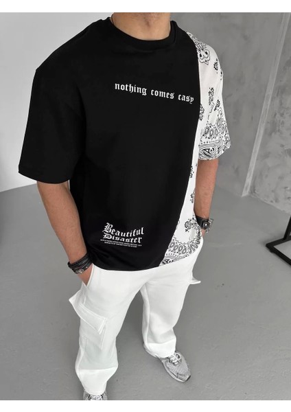 Parçalı ve Baskılı Oversize T-Shirt - Siyah