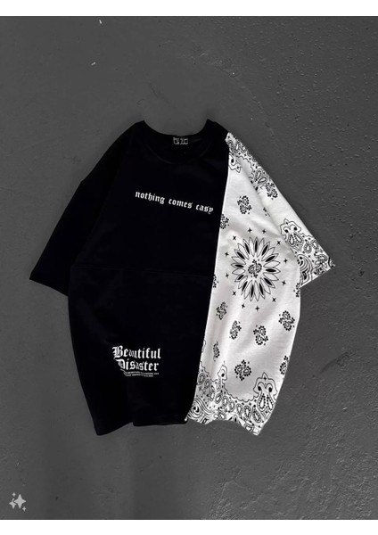 Parçalı ve Baskılı Oversize T-Shirt - Siyah