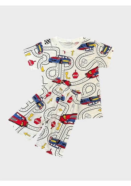 Erkek Çocuk Pamuklu Beyaz Araba Yol Desenli Kısa Kollu Şortlu Yazlık Pijama Takımı