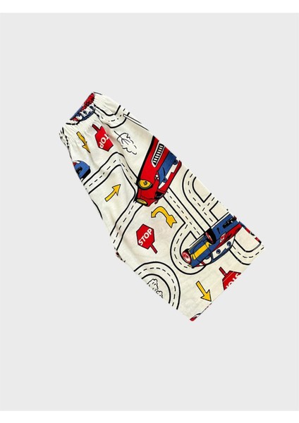 Erkek Çocuk Pamuklu Beyaz Araba Yol Desenli Kısa Kollu Şortlu Yazlık Pijama Takımı