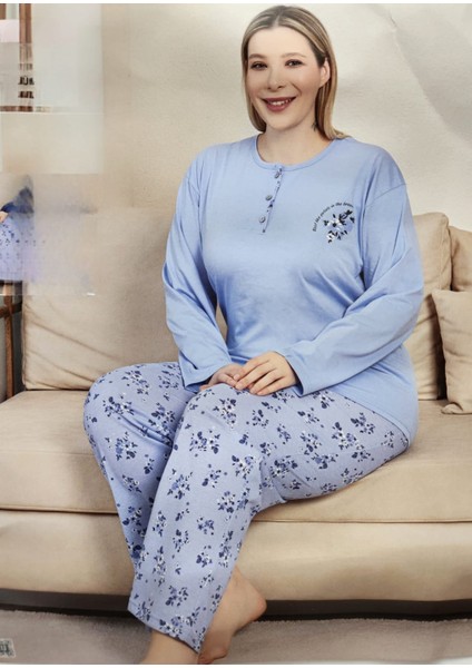 Battal Beden Pamuklu Uzun Kollu Anne Pijama Takımı 6511 Açık Indigo