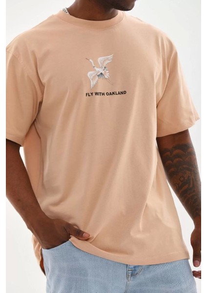 Baskılı Oversize T-Shirt - Bej