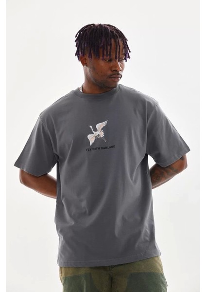 Baskılı Oversize T-Shirt - Füme