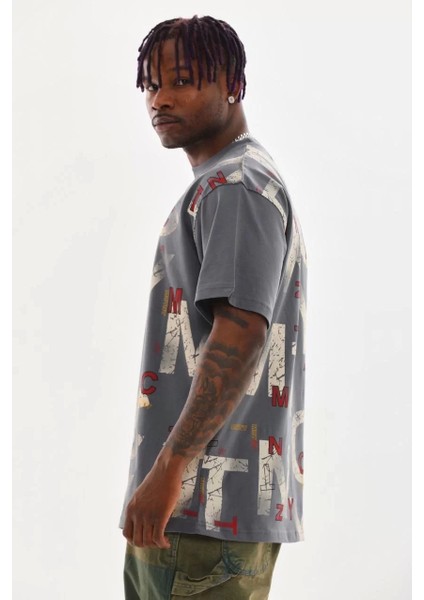 Baskılı Oversize T-Shirt - Füme