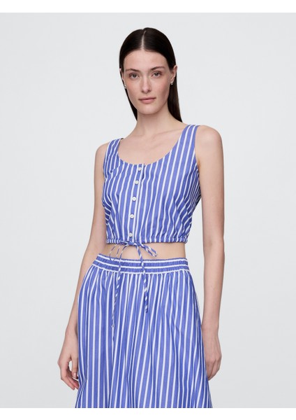 Kadın Mavi Büzgülü Kenar Crop Bluz