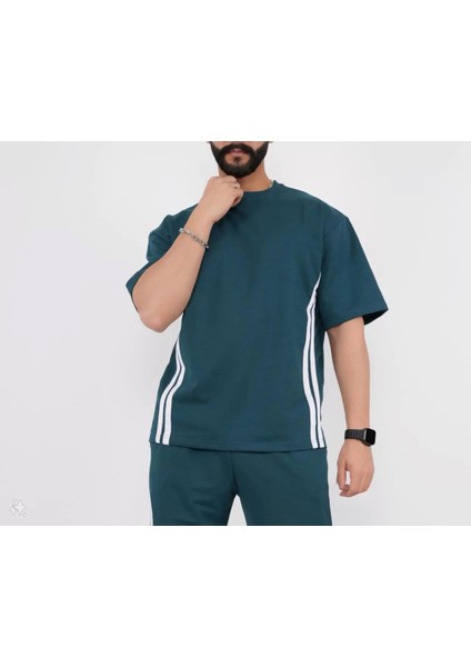 Oversize Yanları Şeritli T-Shirt - Cam Göbeği