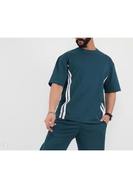 Oversize Yanları Şeritli T-Shirt - Cam Göbeği