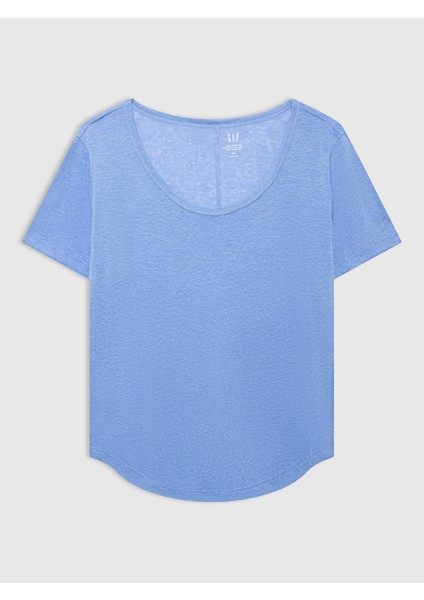 Kadın Mavi Keten T-Shirt