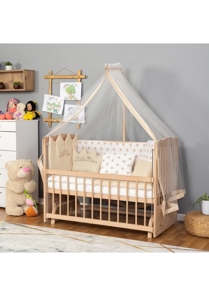 Ahşap Organik Beşik Anne Yanı Beşik 3 Kademeli Lüx Bebek Beşiği 60 x 120 cm - Krem Prens Uyku Setli & Soft Yataklı