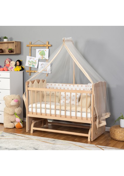 Ahşap Organik Beşik Anne Yanı Beşik 3 Kademeli Lüx Bebek Beşiği 60 x 120 cm - Krem Prens Uyku Setli & Soft Yataklı fiyatları