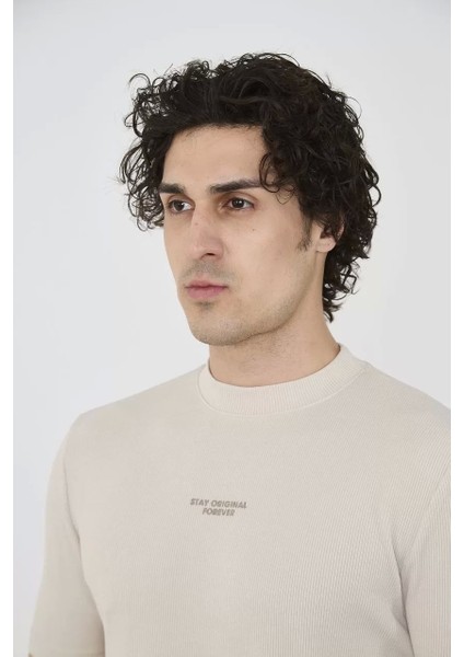 Bisiklet Yaka Slim Fit T-Shirt- Bej indirimleri