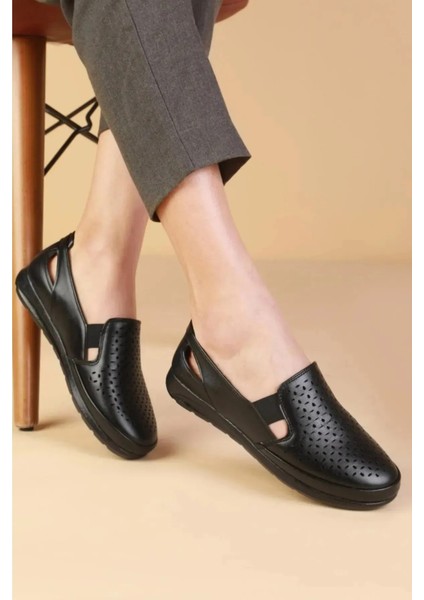 Kadın Siyah Deri Klasik Ayakkabı Ortopedik Anne Ayakkabısı Topuk Jelli Anne Babet Günlük Ayakkabı