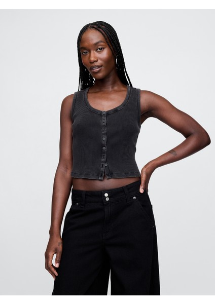 Kadın Siyah Crop Fitilli Atlet