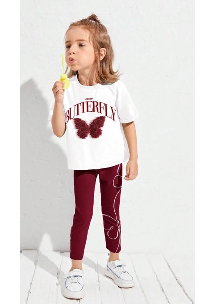Bordo Butterfly Kelebek Tül Detaylı Kız Çocuk Alt Üst Tayt Takım