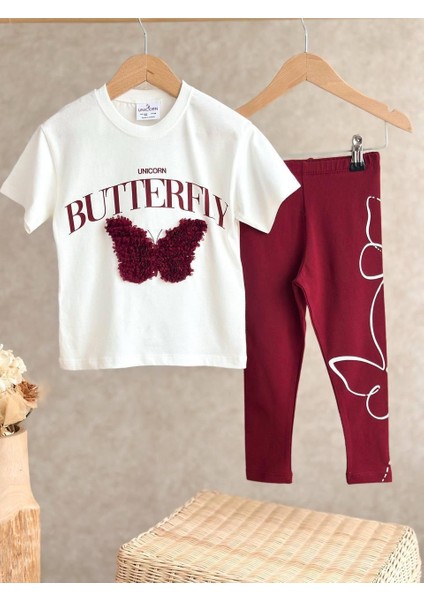 Bordo Butterfly Kelebek Tül Detaylı Kız Çocuk Alt Üst Tayt Takım modelleri
