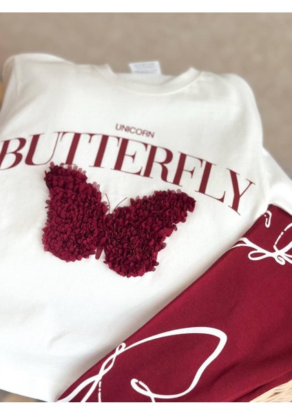 Bordo Butterfly Kelebek Tül Detaylı Kız Çocuk Alt Üst Tayt Takım fırsatları