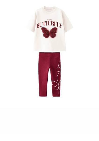 Bordo Butterfly Kelebek Tül Detaylı Kız Çocuk Alt Üst Tayt Takım indirimleri