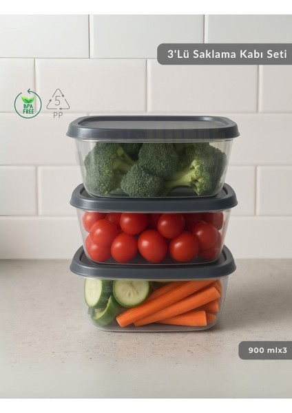 3'lü Saklama Kabı Seti Kare Erzak Kabı Bpa Free Derin Dondurucu Için Uygun 900 ml