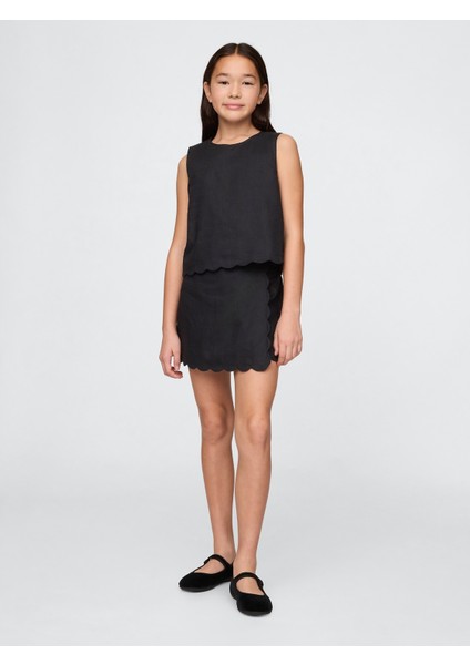 Kız Çocuk Siyah Keten Pamuk Karışımlı Şort