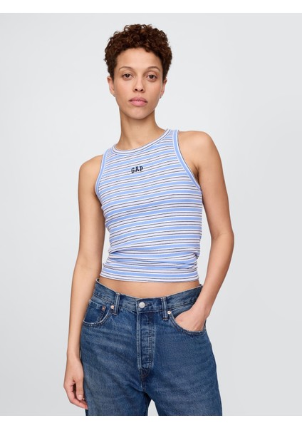 Kadın Mavi Gap Logo Fitilli Halter Yaka Atlet