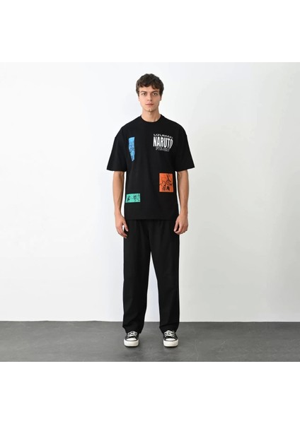 Bisiklet Yaka Baskılı Oversize T-Shirt - Siyah