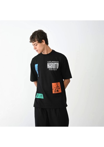 Bisiklet Yaka Baskılı Oversize T-Shirt - Siyah modelleri