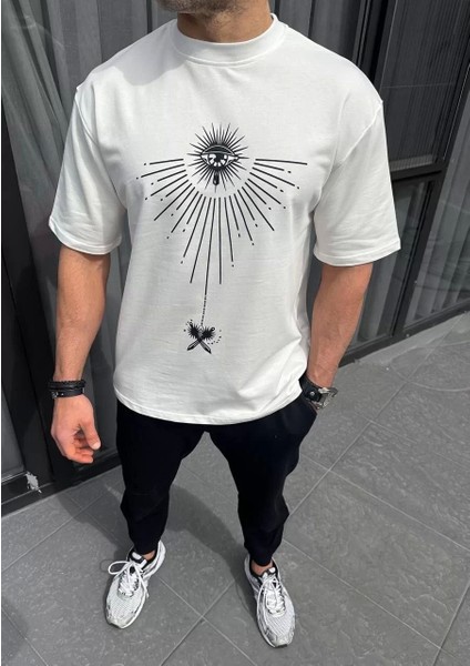 Bisiklet Yaka Baskılı Oversize T-Shirt - Beyaz