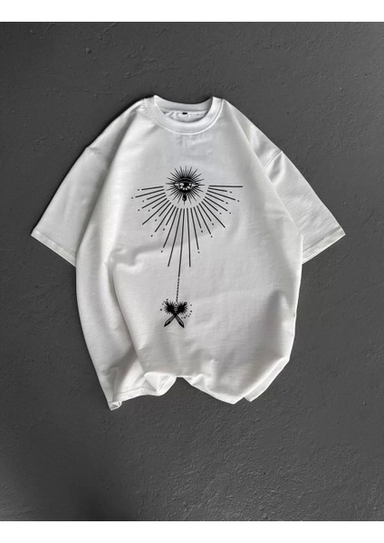 Bisiklet Yaka Baskılı Oversize T-Shirt - Beyaz modelleri