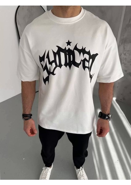 Bisiklet Yaka Baskılı Oversize T-Shirt - Beyaz