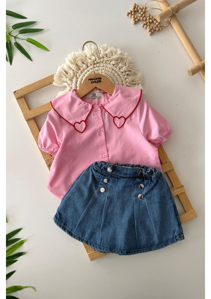 Bb Kalp Yaka Nakış Detaylı Kız Çocuk Kot Şort Etekli kız çocuk takım - Açık Pembe