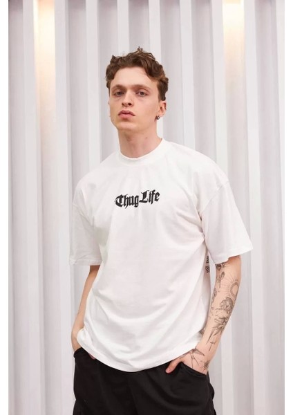 Bisiklet Yaka Baskılı Oversize T-Shirt - Beyaz
