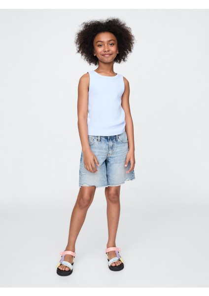 Kız Çocuk Mavi Düşük Bel Stride Denim Bermuda Şort