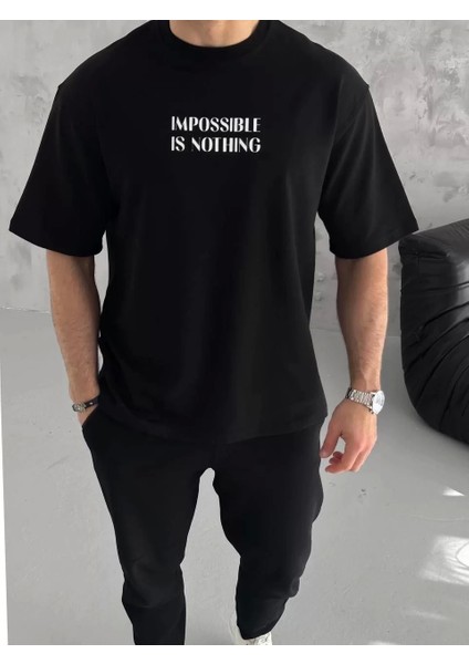 Bisiklet Yaka Baskılı Oversize T-Shirt - Siyah