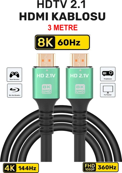 3119 HDMI 2.1 Kablo 8K Ultra Hdtv 3 Metre, 8k 60Hz, 4K 120Hz, 7680P Hdr 2.1V 48GBS Görüntü Kablosu