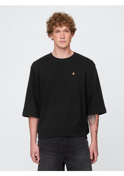 Erkek Siyah Oversized Terry Bisiklet Yaka T-Shirt