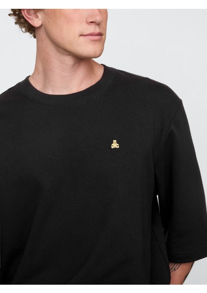 Erkek Siyah Oversized Terry Bisiklet Yaka T-Shirt modelleri